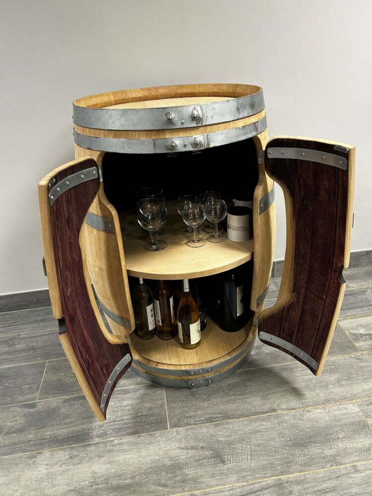 Bar tourniquet en tonneau chêne massif – Meuble bar rotatif artisanal